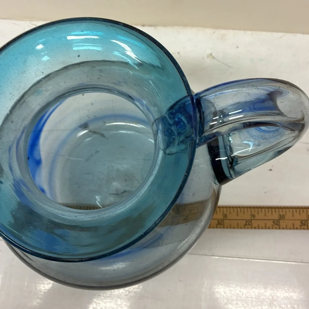 Hand Blown Blue Swirl Pitcher W/ Applied Handle Elegant Blue Glass Pitcher